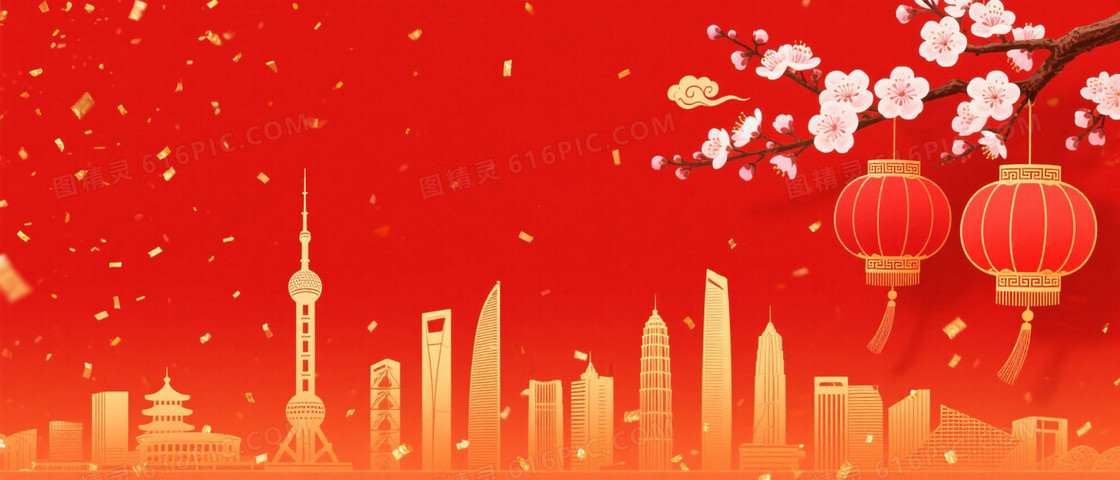正红喜庆中国风城市剪影背景