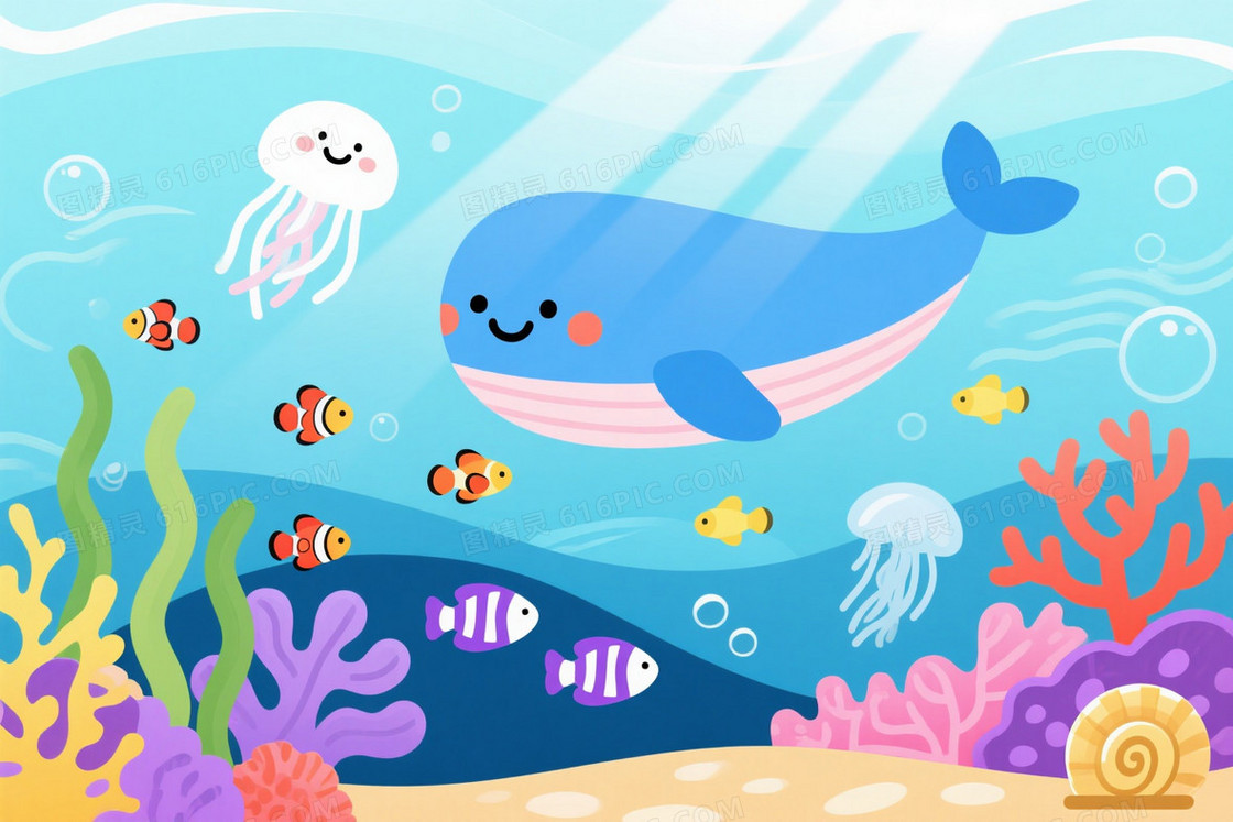 浅蓝清新海底插画背景