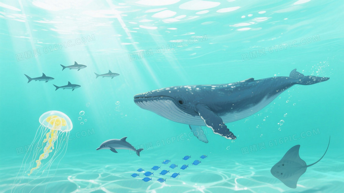 蓝绿通透水下生物写实背景