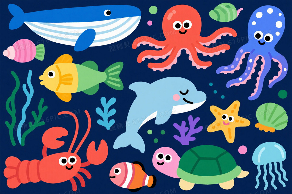 深海军蓝手绘卡通海洋生物背景