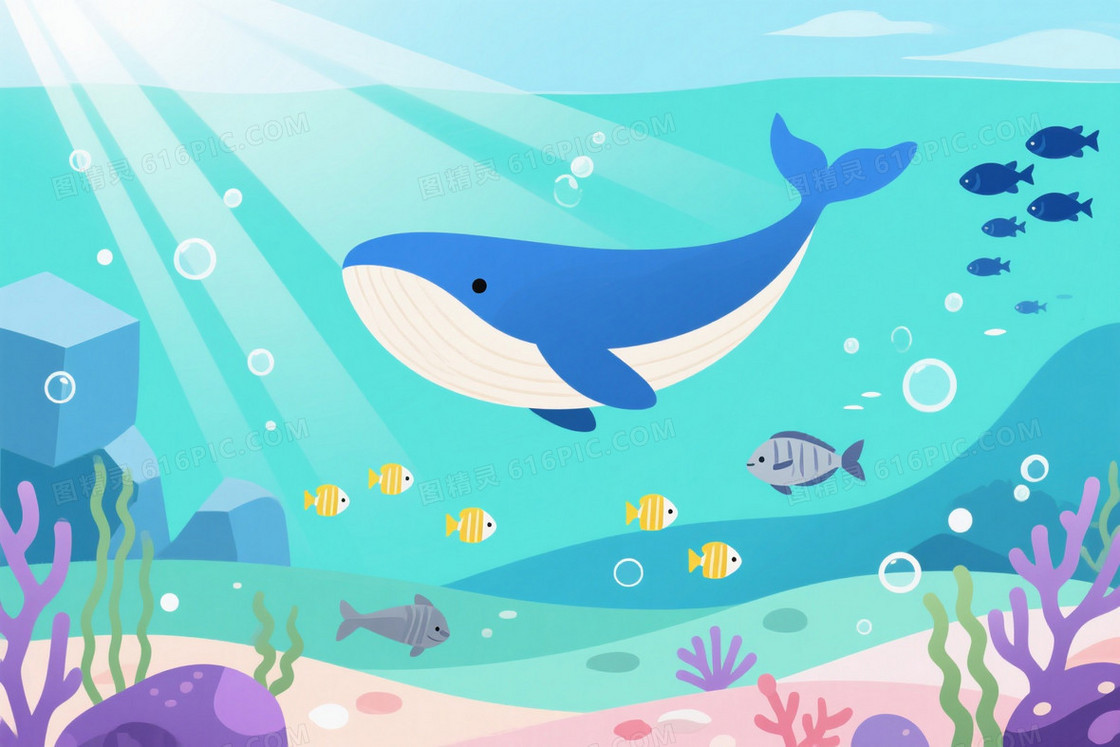 蓝绿清新扁平海底鲸鱼背景
