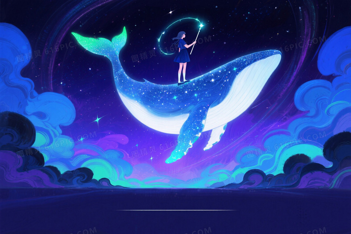 深蓝紫罗兰星云鲸鱼背景