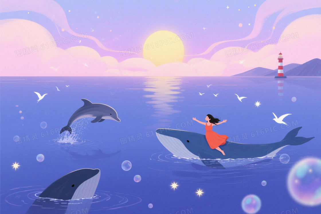 粉紫浅蓝渐变梦幻海景背景