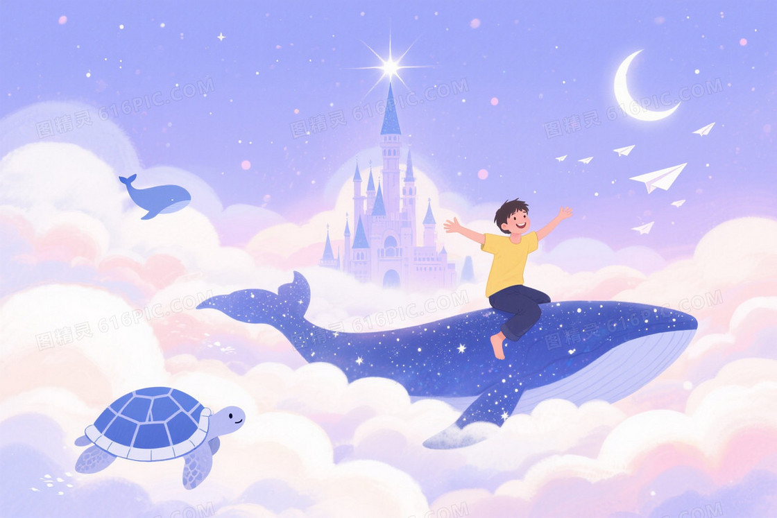 淡紫粉蓝梦幻云海蓝鲸背景