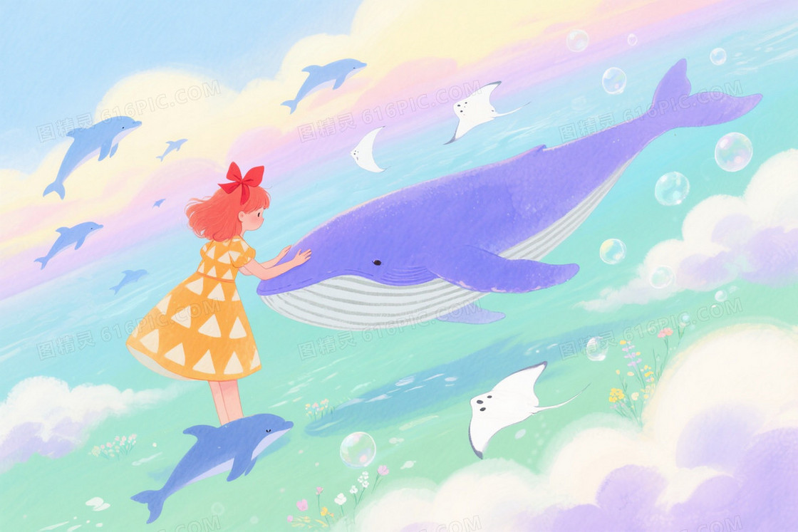 浅蓝淡黄粉紫青绿梦幻水彩云海背景