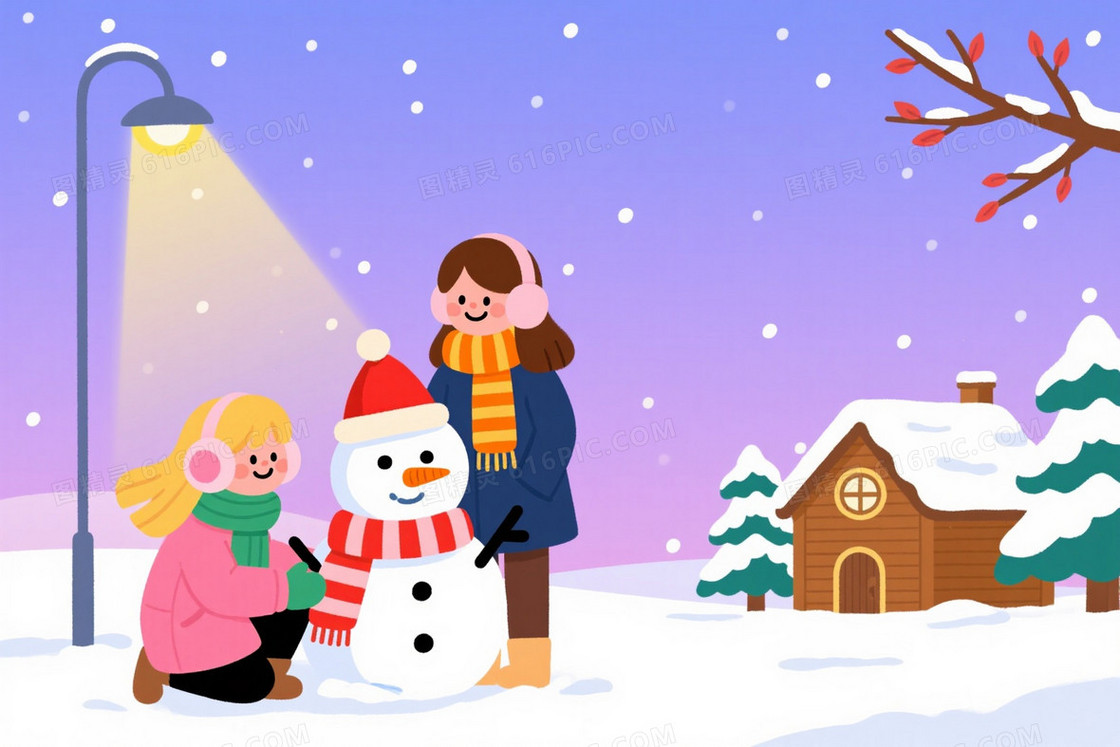 紫蓝渐变雪景插画背景