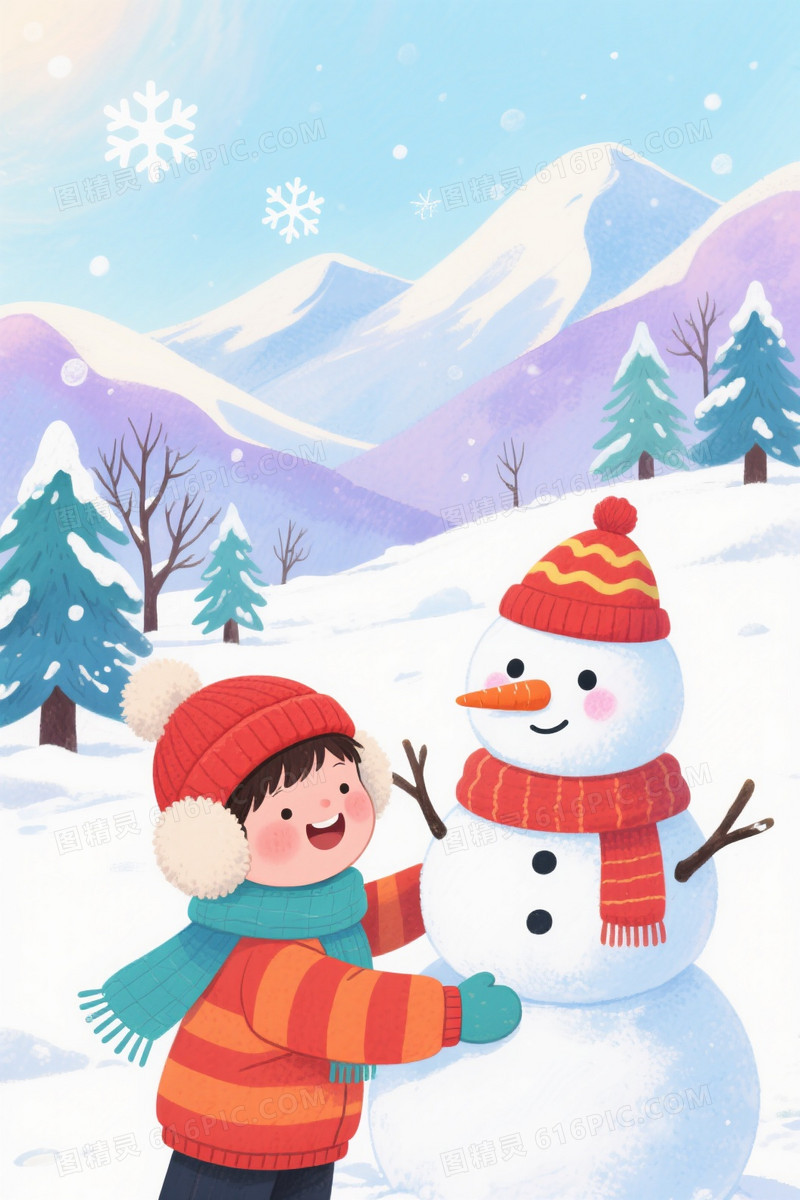 淡蓝浅紫雪山雪人儿童背景