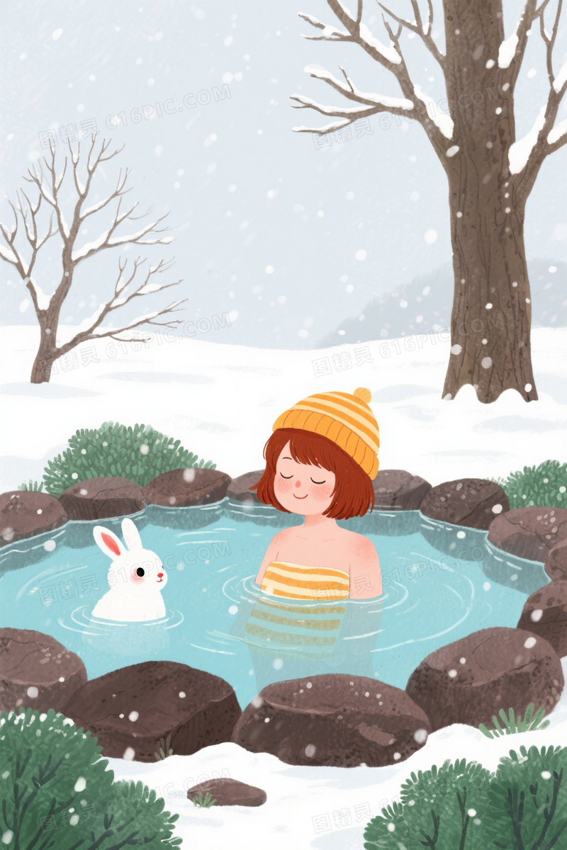 淡蓝灰调雪景温泉插画背景