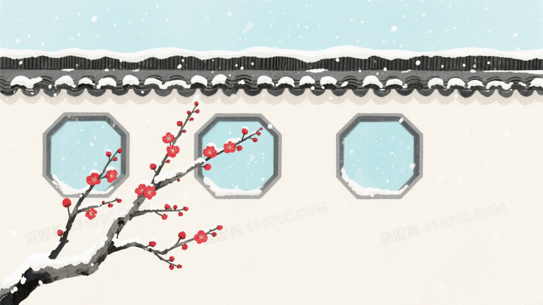 浅青雪景红梅传统建筑背景