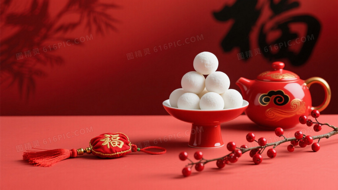 正红中国风汤圆茶壶背景