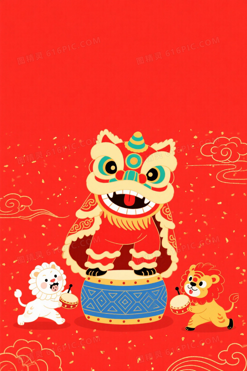正红喜庆南狮祥云背景