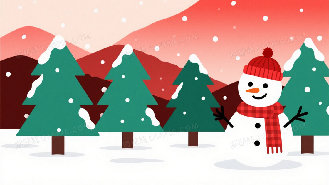 暖红渐变雪景松树雪人背景