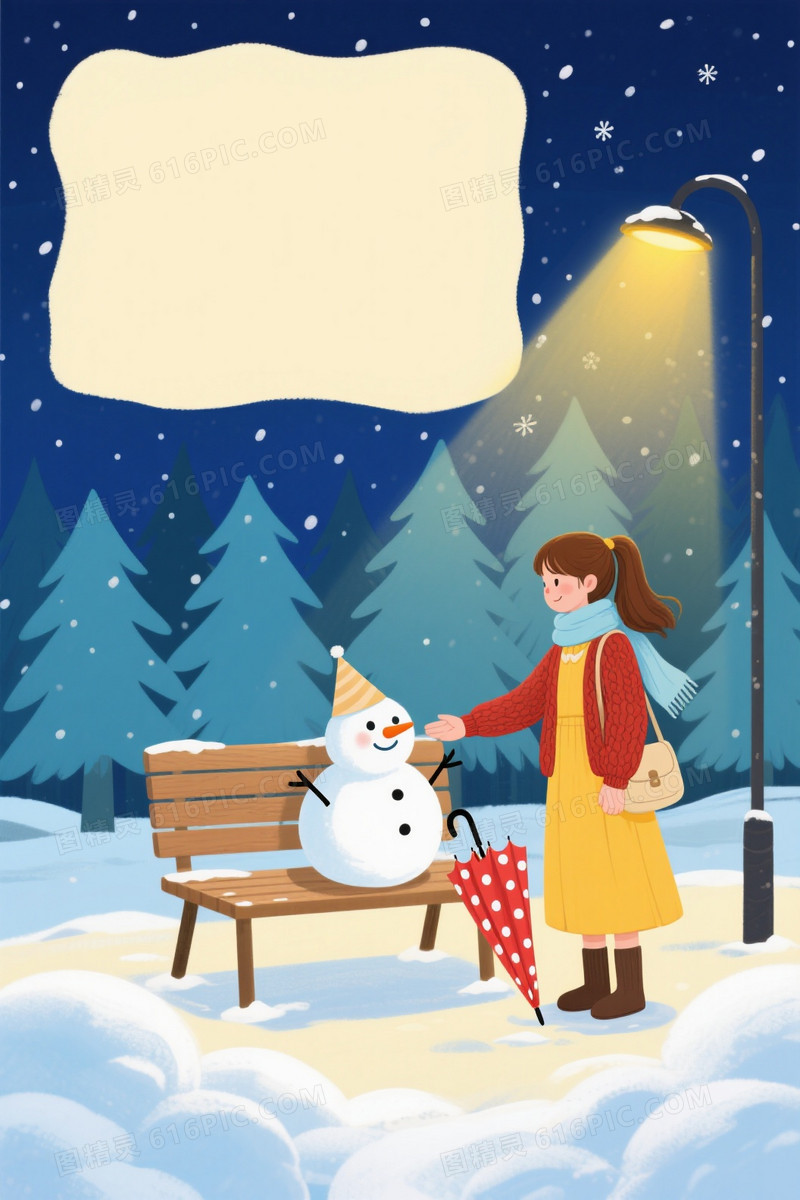 深蓝暖黄雪夜插画背景