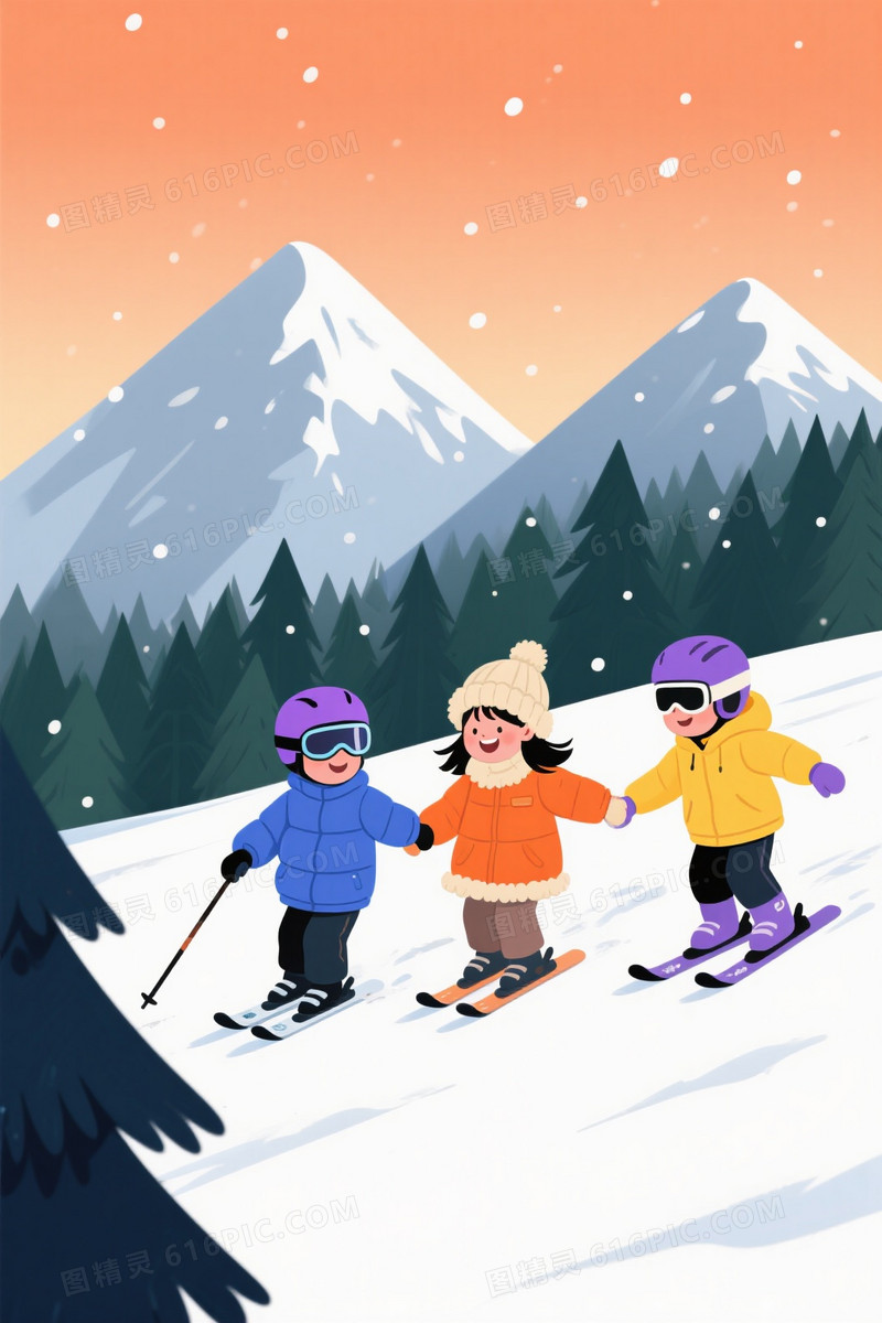 暖橙渐变雪山滑雪插画背景