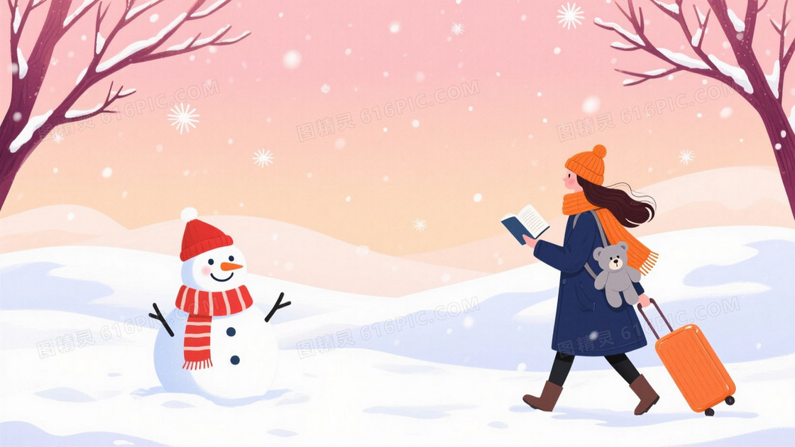 粉橙渐变雪景插画背景