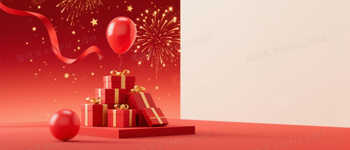 高饱和中国红礼盒气球背景