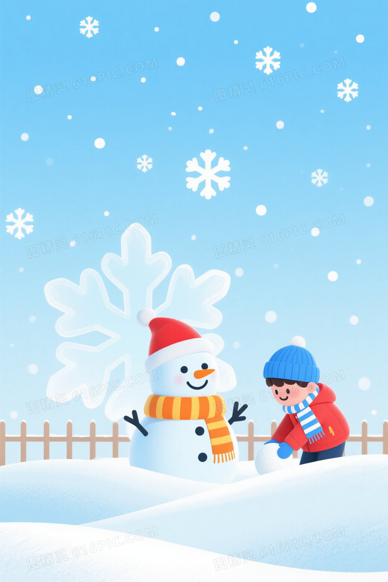 浅蓝渐变雪花雪人插画背景