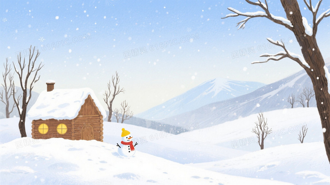 淡蓝水彩雪景插画背景