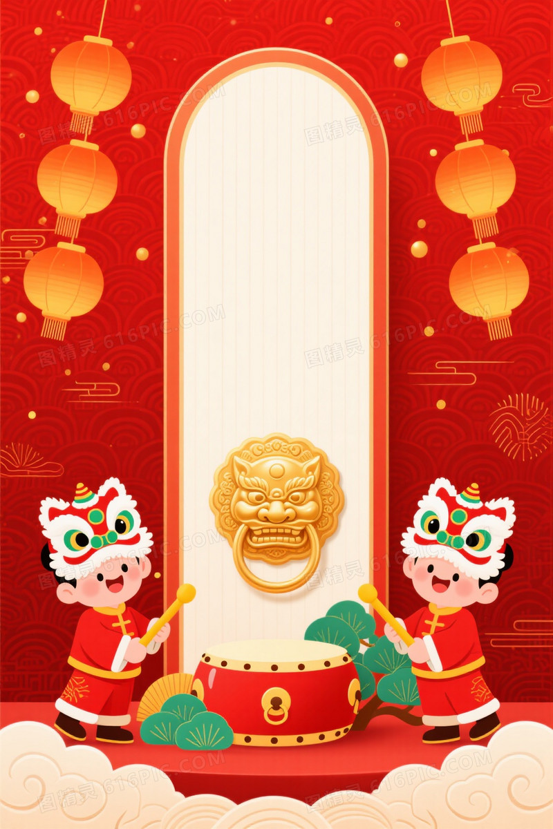 正红喜庆祥云回纹背景