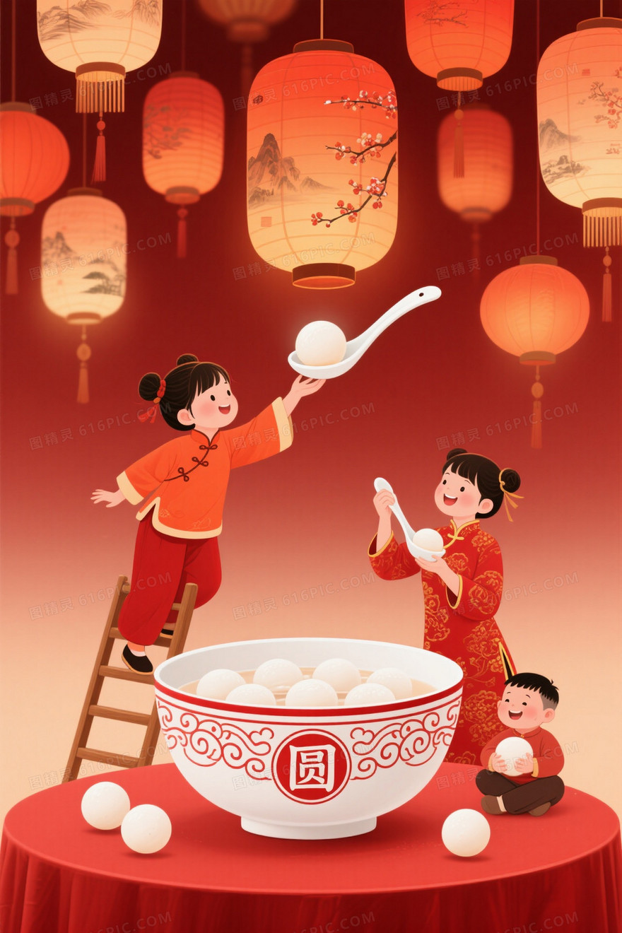 暖红渐变灯笼汤圆喜庆背景