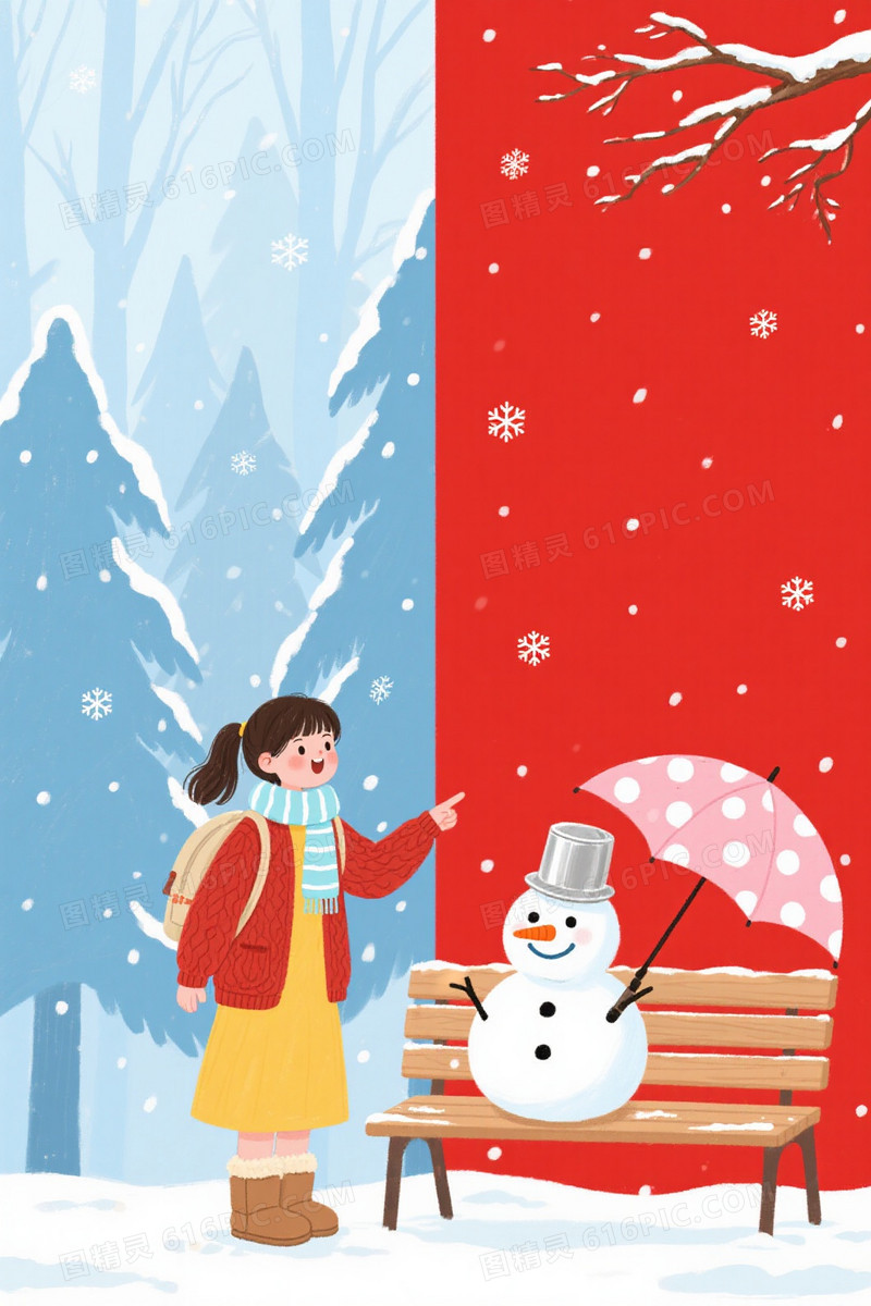 红蓝双色手绘冬日雪景背景