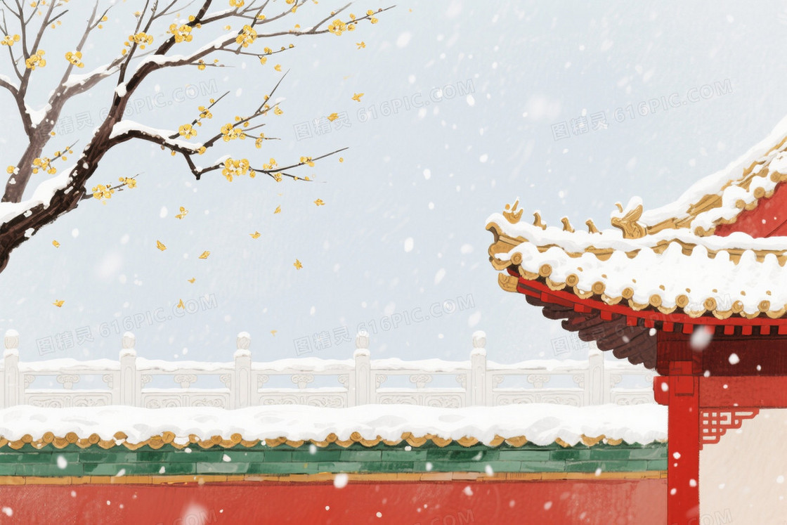 红白金褐水墨淡彩雪景背景