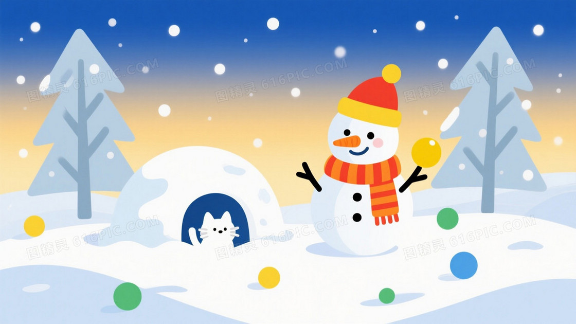 蓝黄渐变雪景插画背景