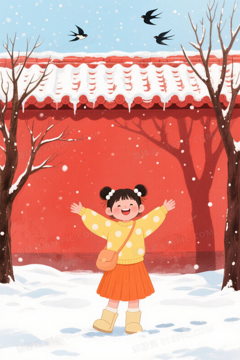 浅蓝水彩雪景童趣红墙背景