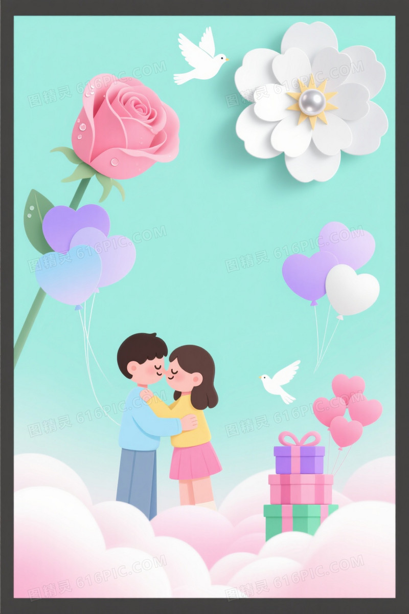 浅青绿马卡龙插画情侣背景