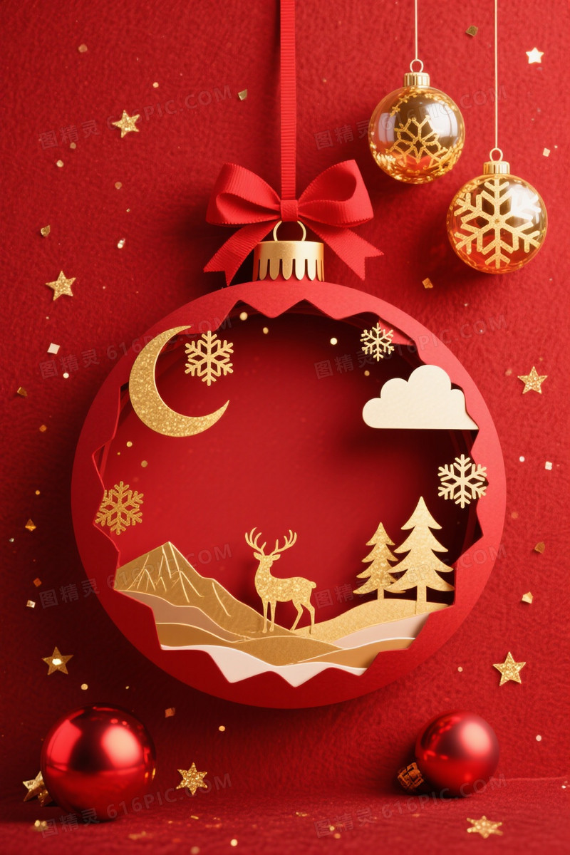 红绒面剪纸圣诞球背景