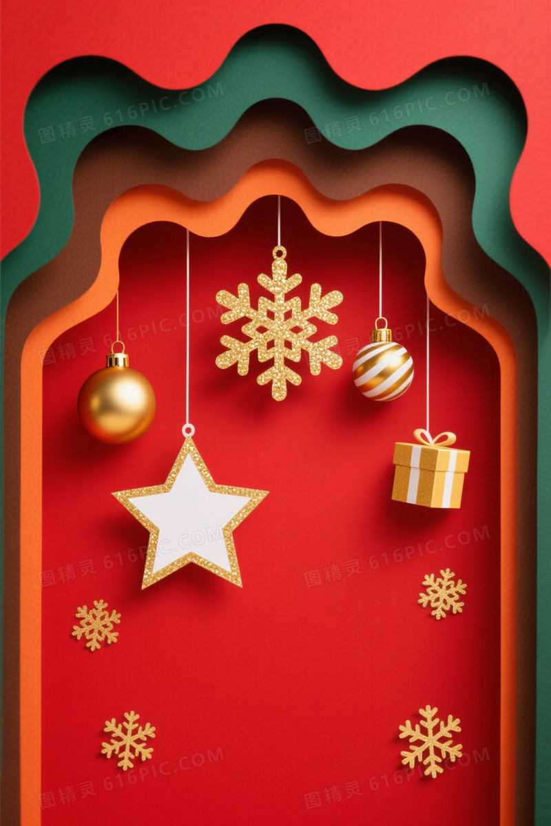红绿橙棕纸艺圣诞背景