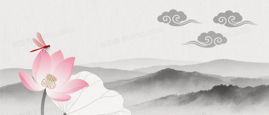 浅灰水墨淡雅莲花祥云背景