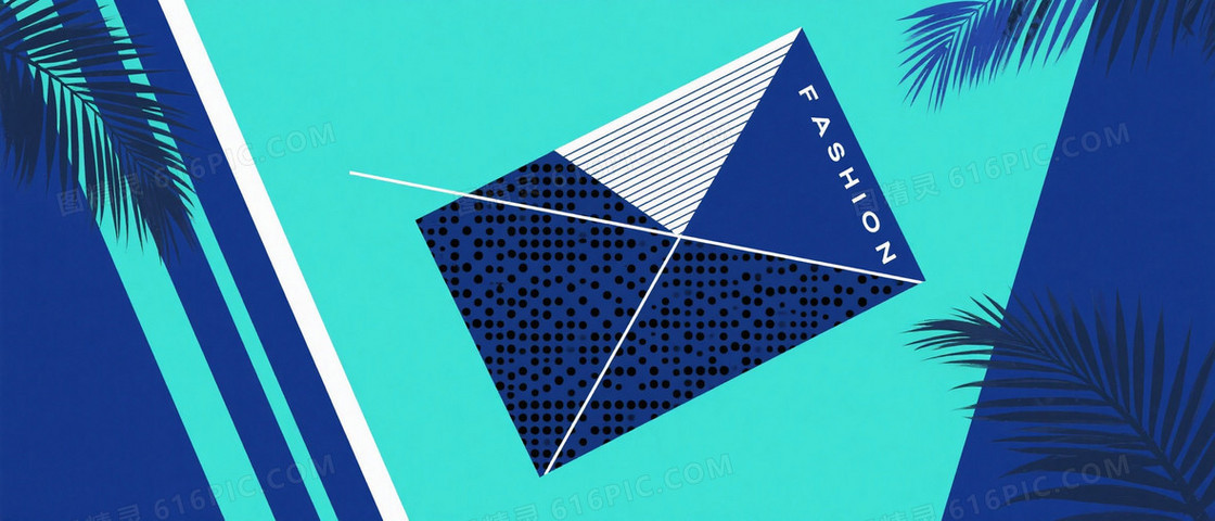 深蓝青绿抽象几何棕榈叶背景