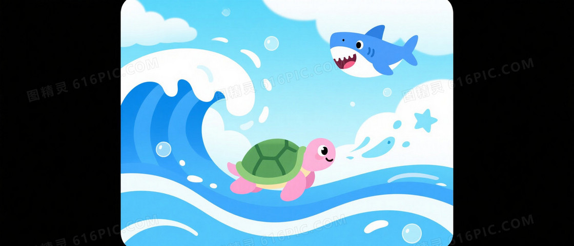 蓝白清新卡通海龟鲨鱼背景