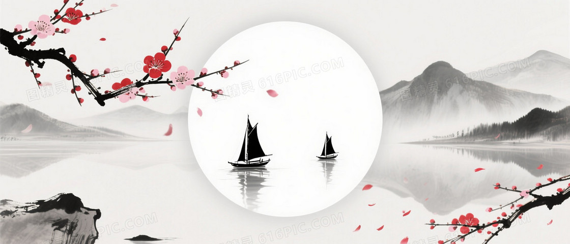 灰白水墨梅枝山水背景