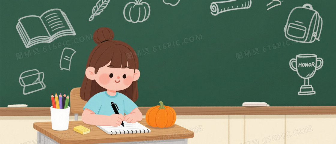 深绿黑板卡通教育插画背景