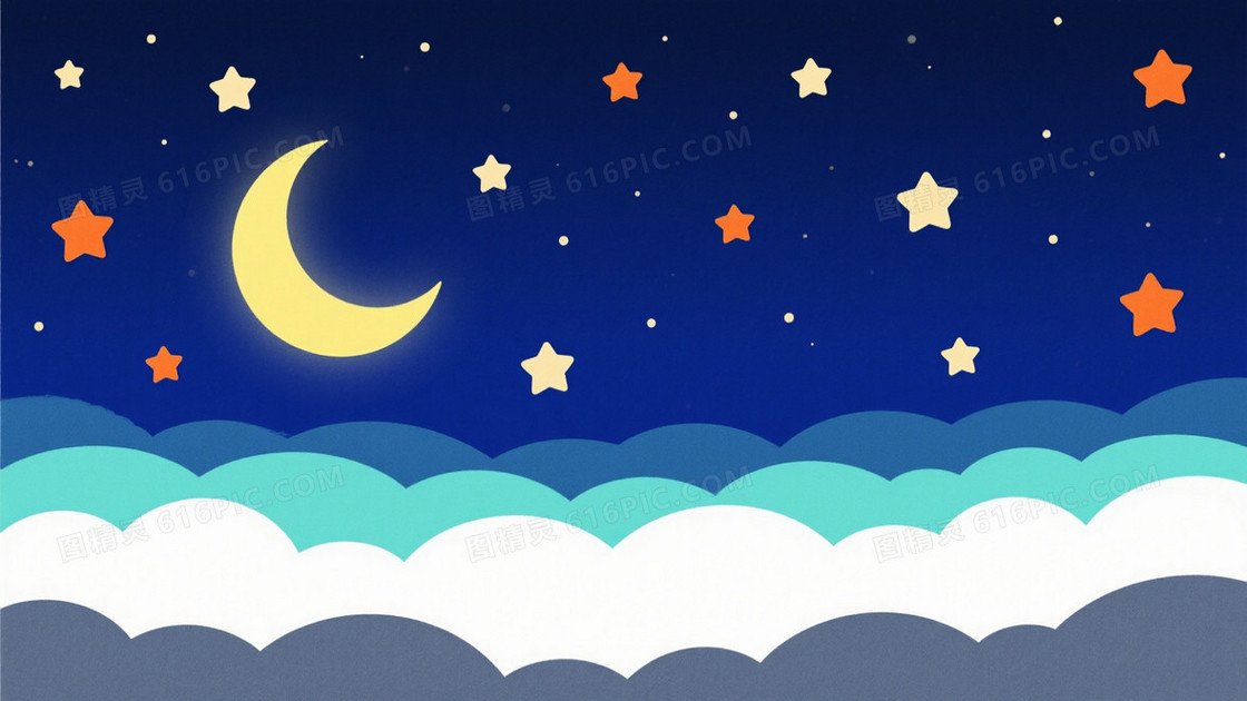 深蓝夜空弯月繁星云海背景