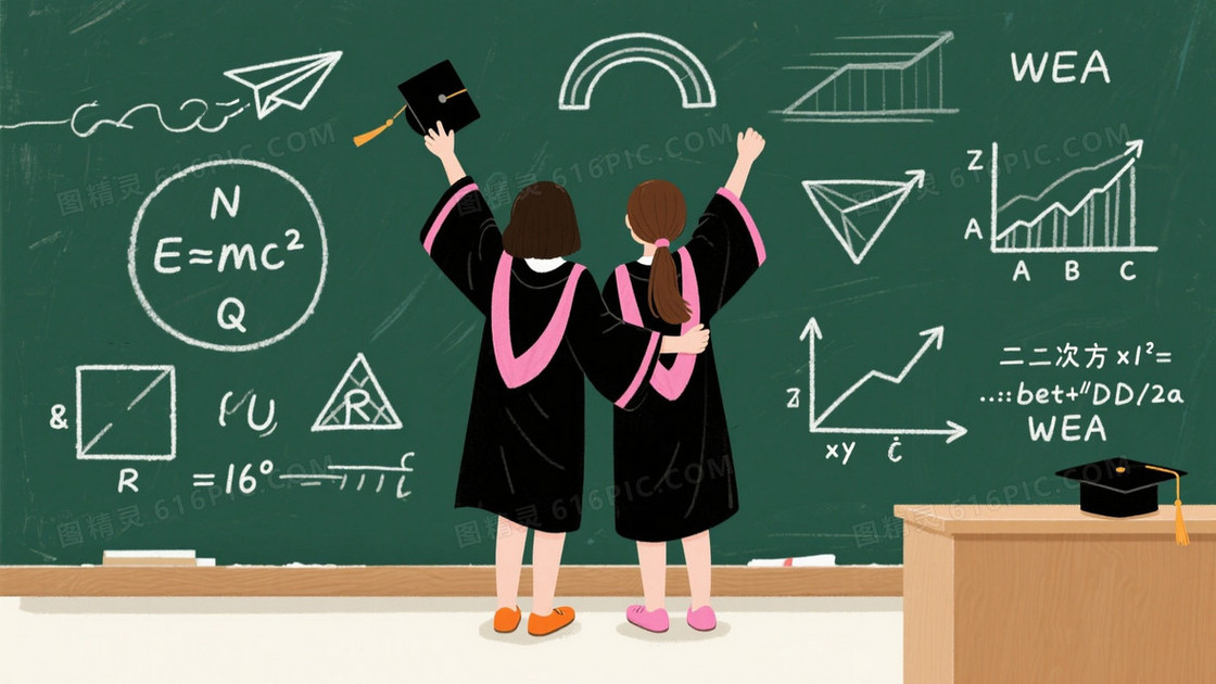 深绿黑板纹理毕业生插画背景