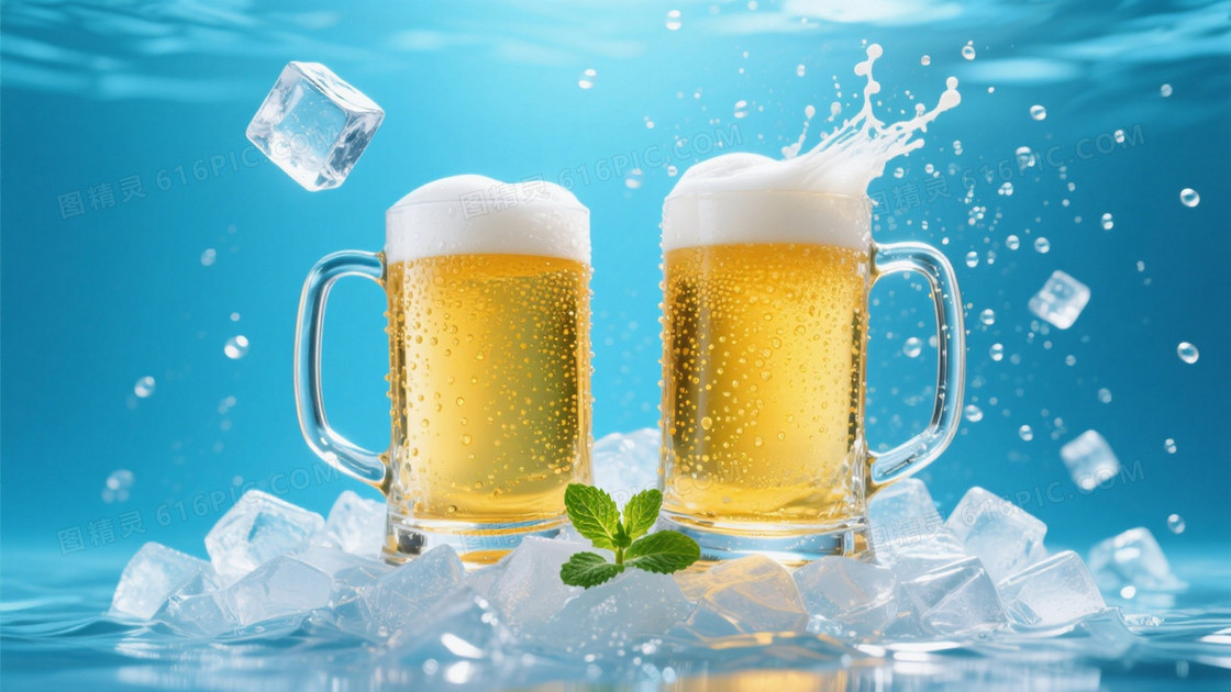 明蓝渐变水下啤酒冰晶背景