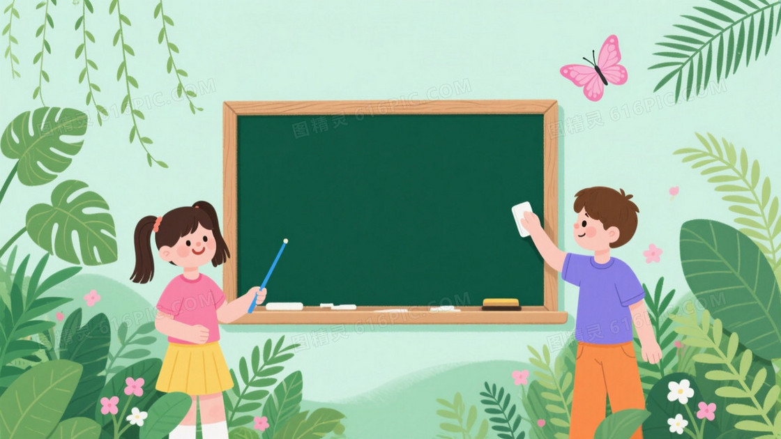 清新卡通校园黑板绿植背景