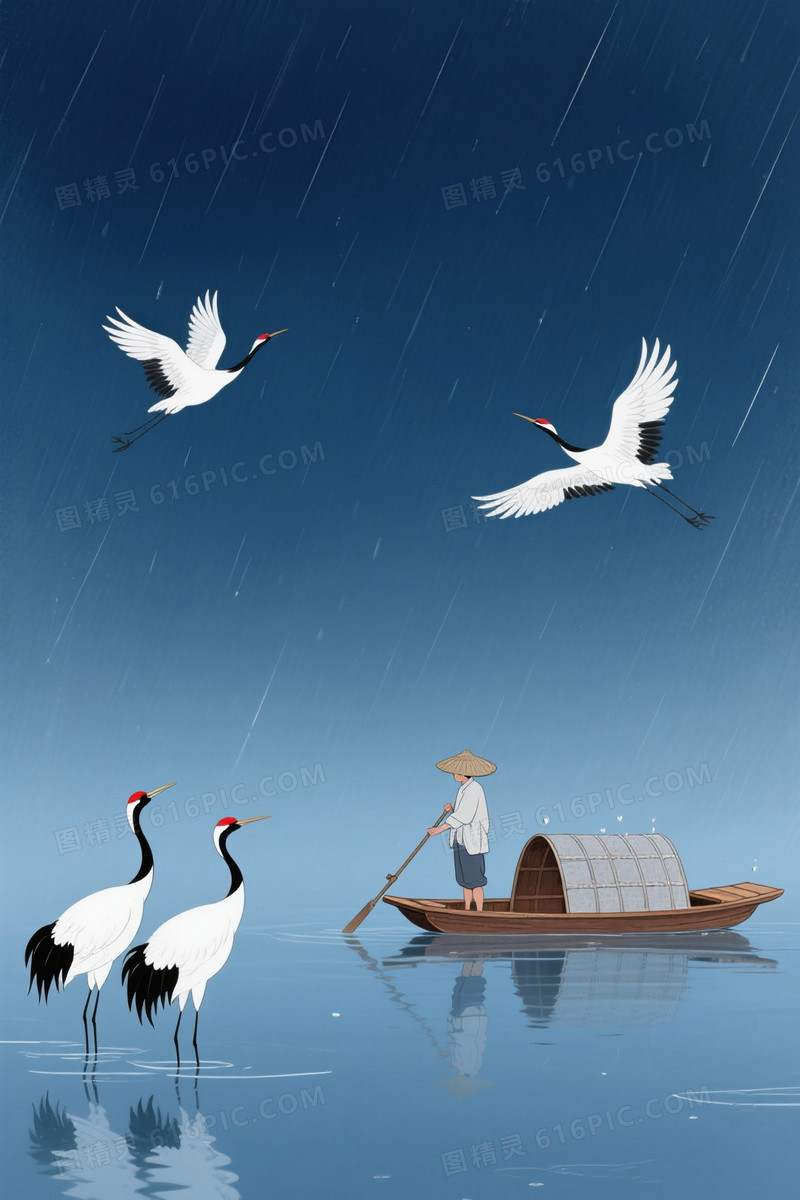 靛蓝雨夜木舟渔人丹顶鹤背景背景图片下载_1056x1584像素JPG格式_编号1xgf0p0q5_图精灵