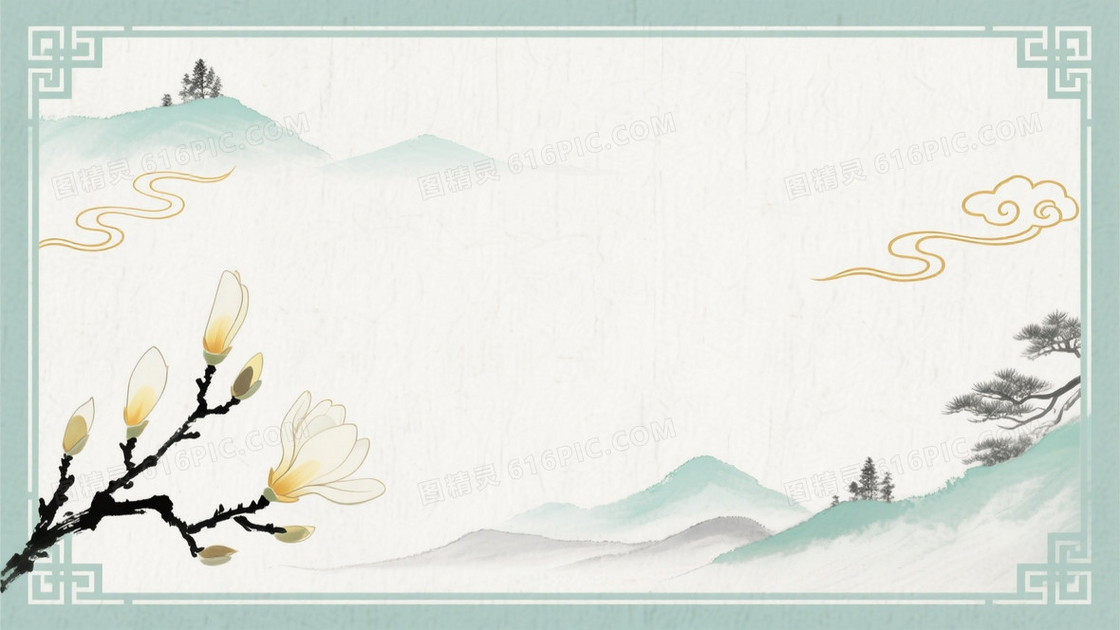 米白水墨山水回纹背景
