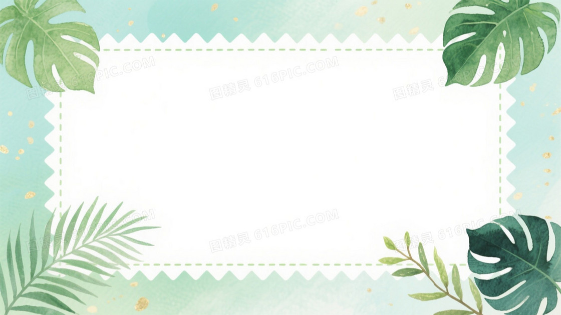 淡青绿水墨植物边框背景