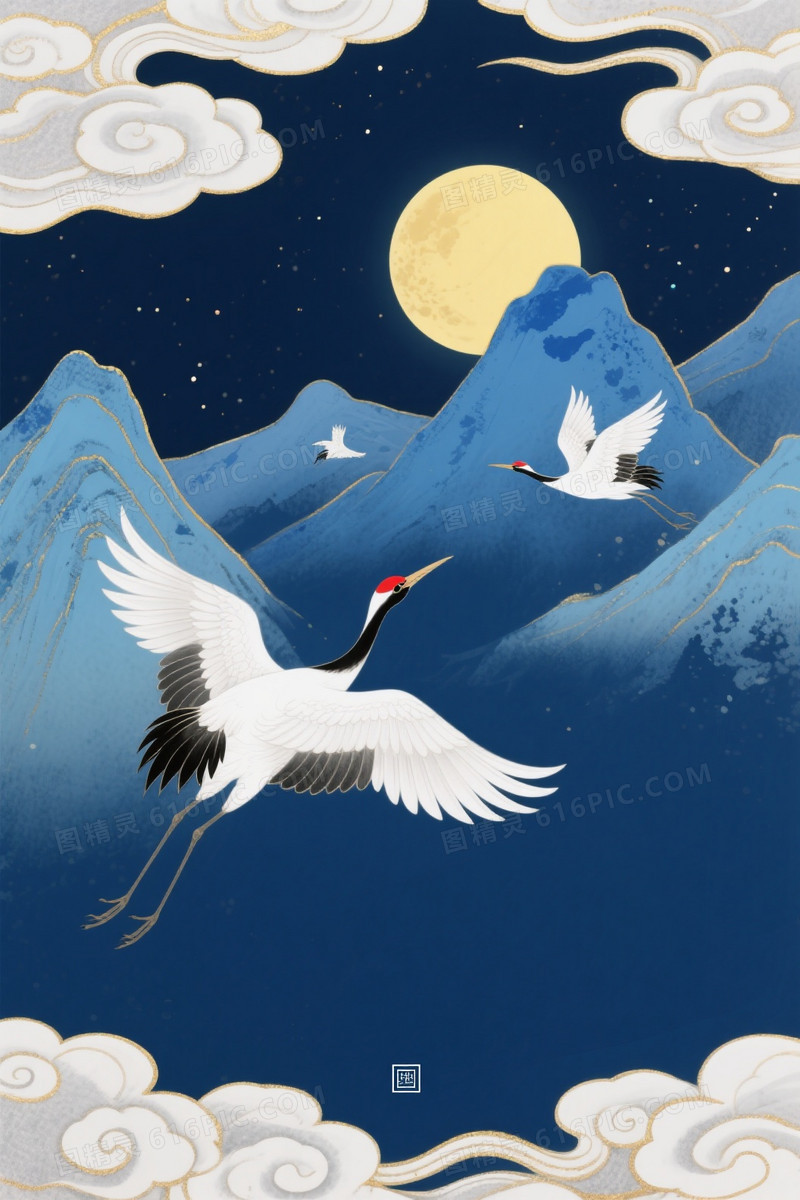 深蓝夜空工笔白鹤祥云背景