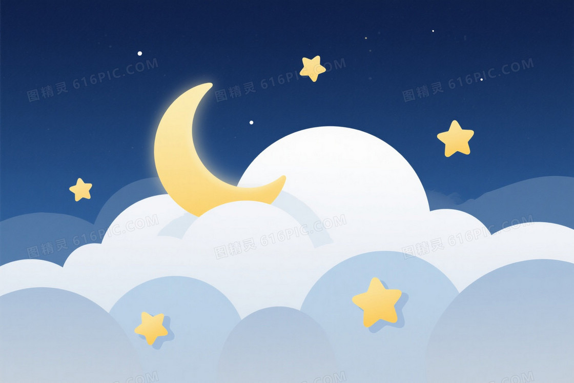 深蓝夜空金月云朵背景