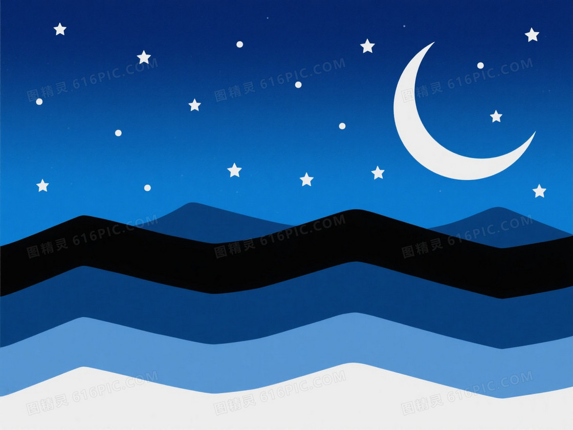 深蓝夜空新月星辰山影背景