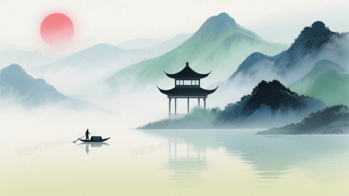 青绿浅灰水墨山水亭阁背景