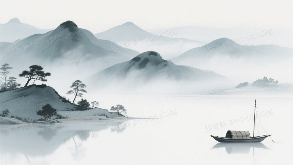 青灰水墨山水云雾背景