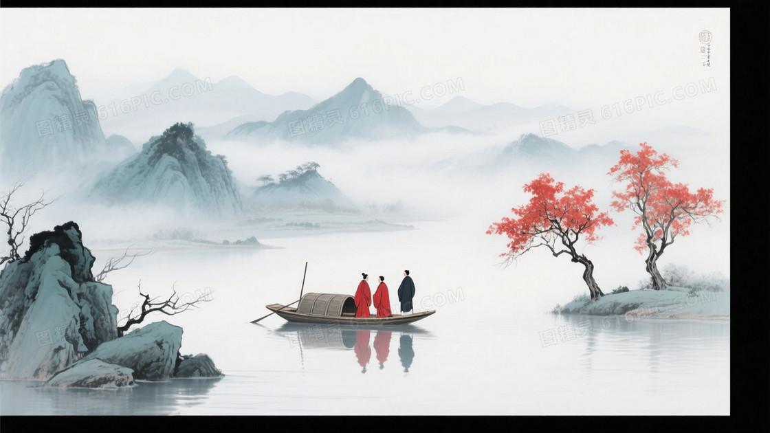 蓝灰水墨山水小舟背景