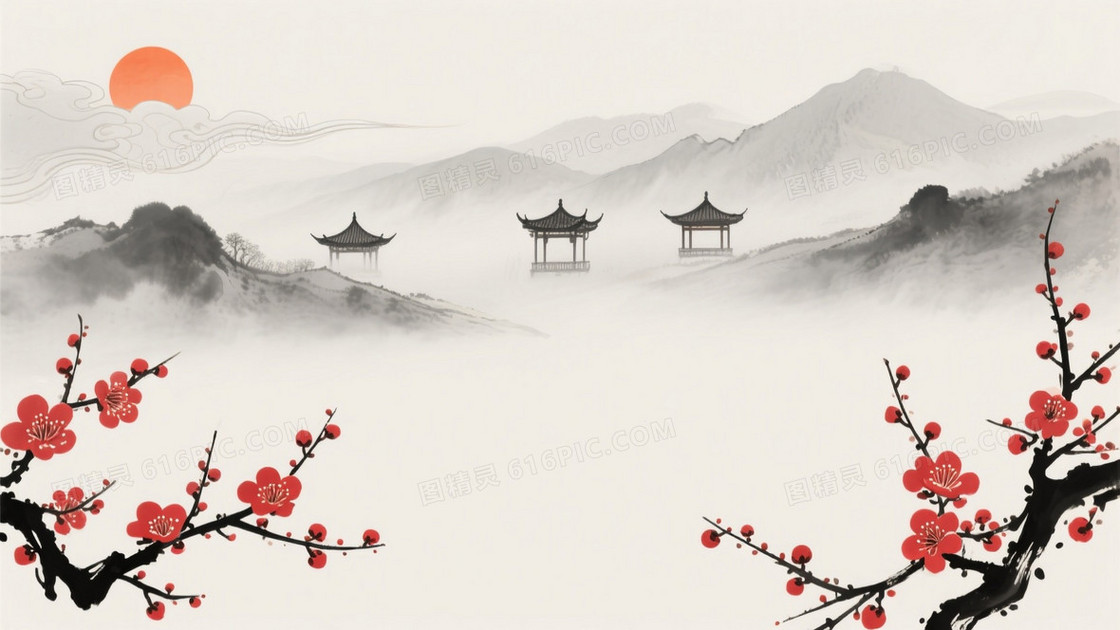 灰白淡赭朱红水墨山水背景